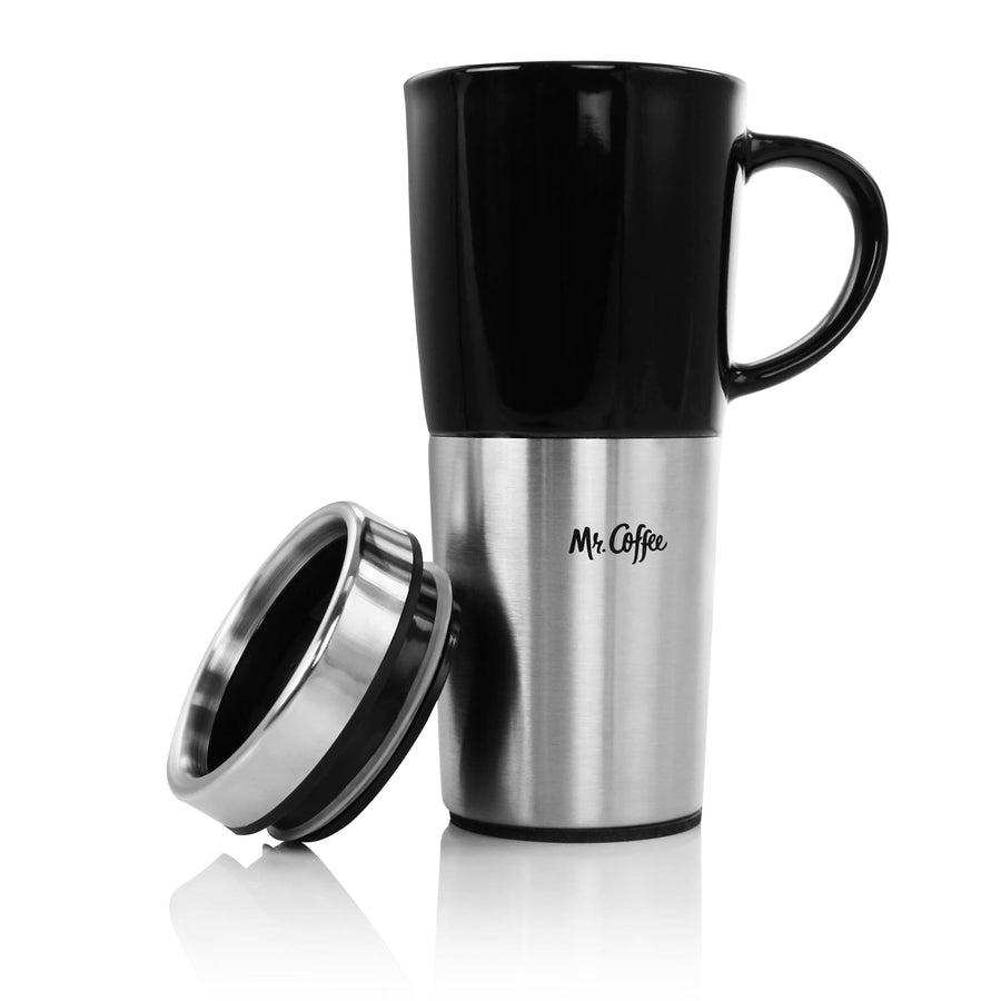 Mr. Coffee Stoneware Travel Mug with Stainless Steel Base and Slide Sip Lid, 16 Oz, Black, Travertine