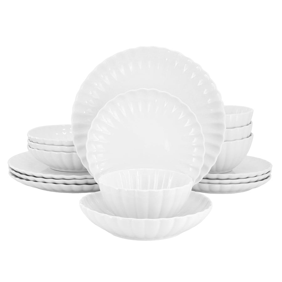 Elama Jane 16-piece white porcelain dinnerware set for 4, double bowl, scalloped rims on plates, soup and cereal bowls