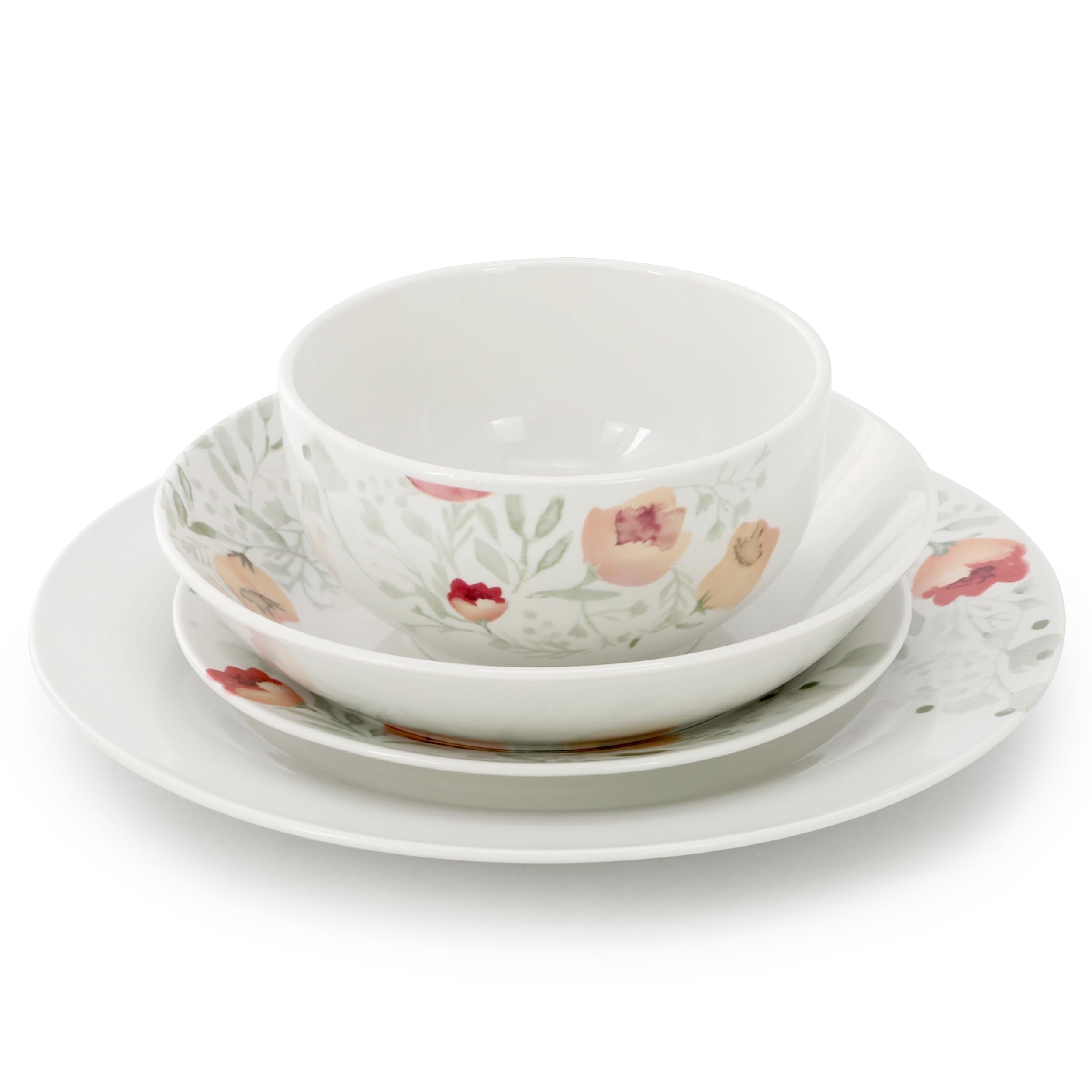 Elama Poppy 16 Piece Porcelain Double Bowl Dinnerware Set, Service for 4