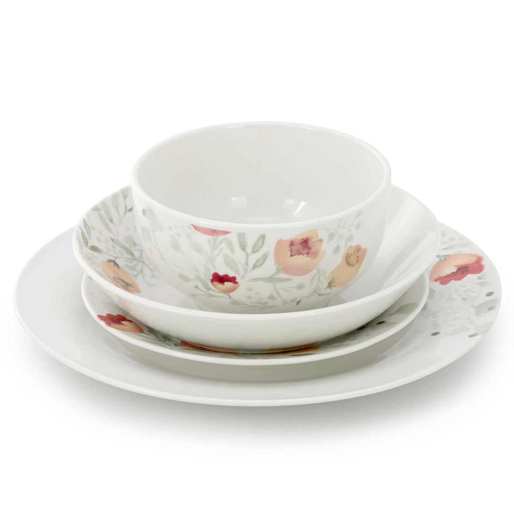 Elama Poppy 24-Piece Porcelain Double Bowl Dinnerware Set – Cherry Blossom Floral | Service for 6