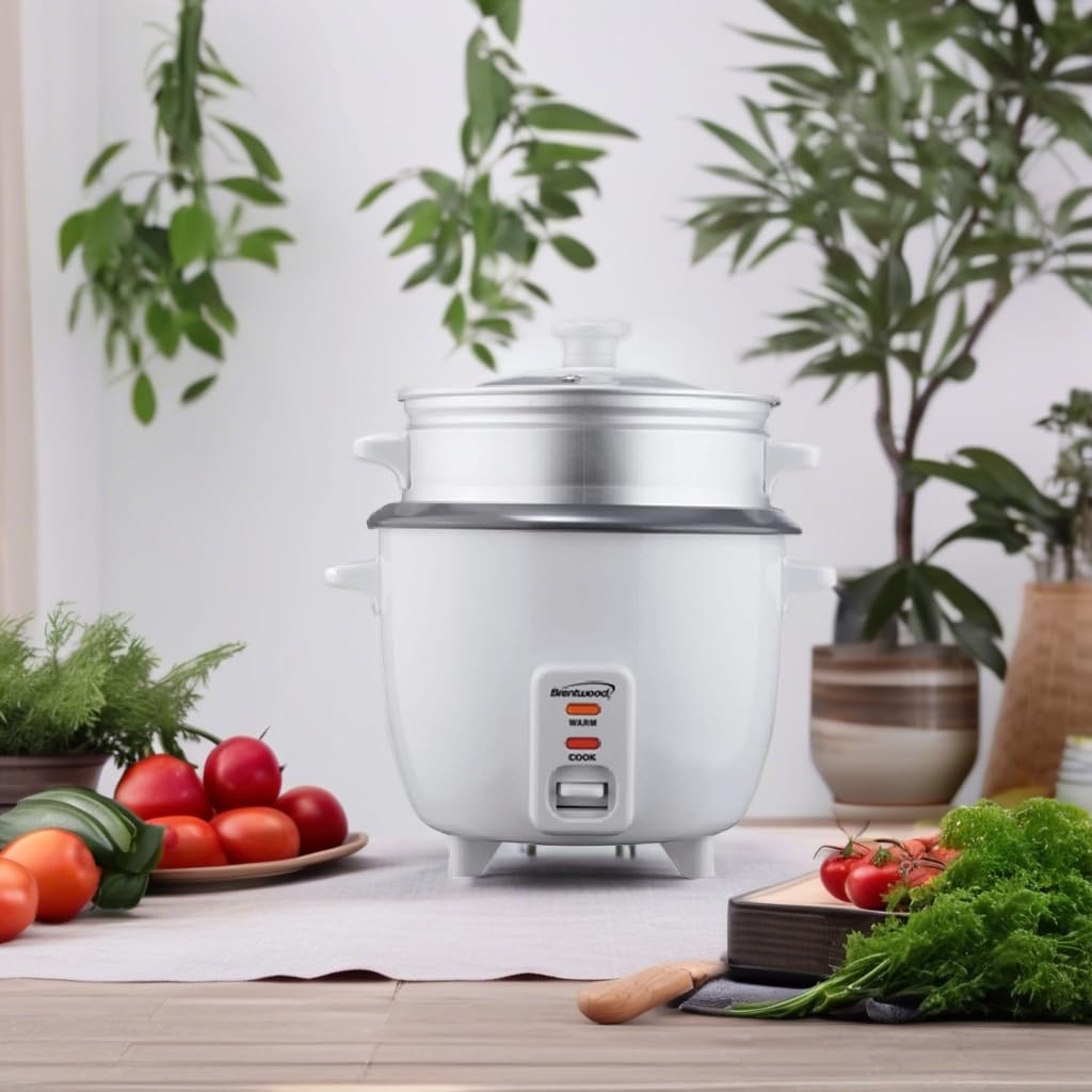 Brentwood TS-380S 10-Cup Uncooked Rice Cooker & Food Steamer, White - 700W, Makes 20 Cups Cooked