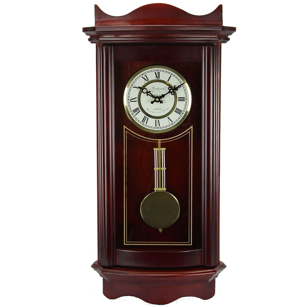 Bedford Clock Collection Weathered 25" Chiming Wall Clock with Brass-Tone Pendulum – Cherry Wood Finish, Quartz Movement & 4 Chime Modes