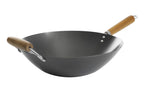 Kenmore Hammond 14-Inch Carbon Steel Wok – Black Flat-Bottom Stir-Fry Pan with Wood Handle for Gas, Electric & Induction Stovetops