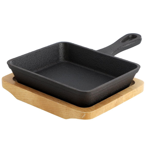 Megachef MCCI-005 Mini Cast Iron Square Pan with Wood Tray