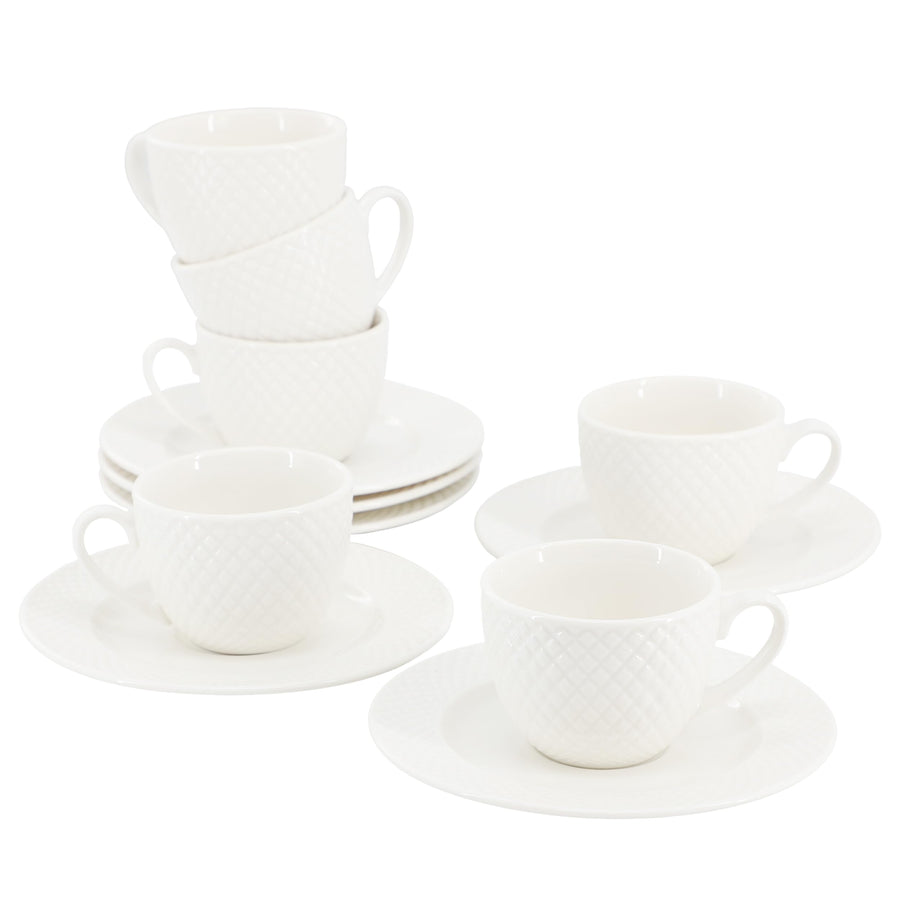 Elama Sol white porcelain espresso cups and saucers, set of 6, textured diamond pattern