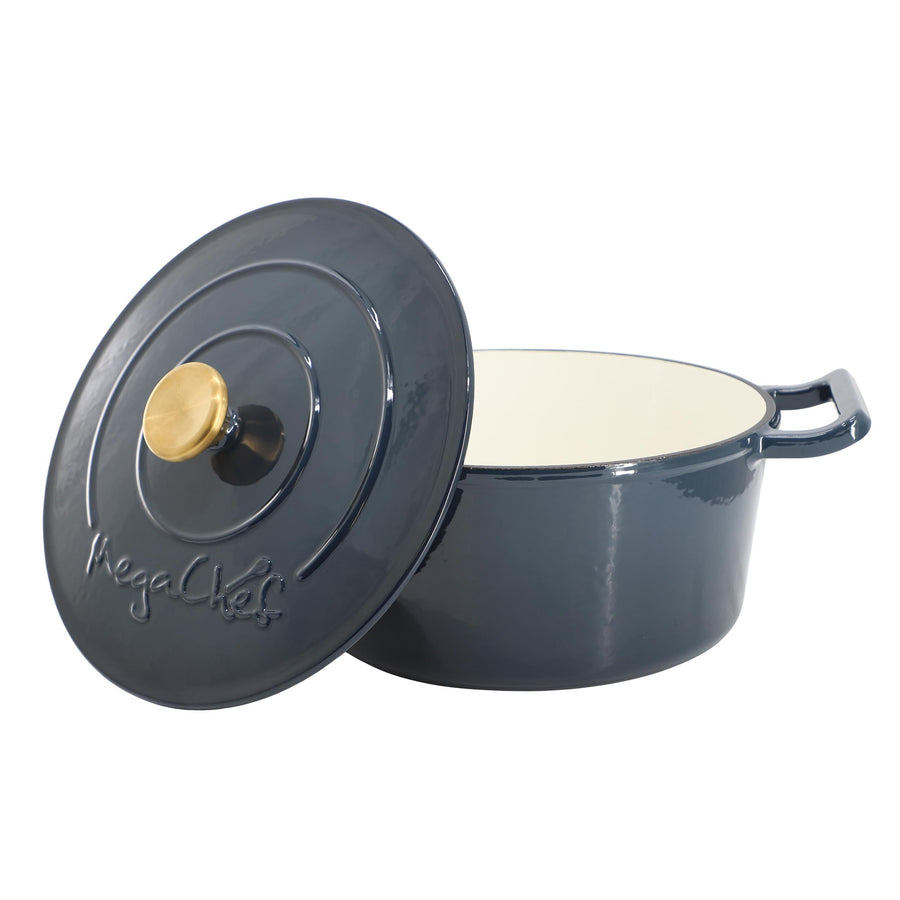 Enameled Cast Iron Casserole Dish with Self-Basting Lid, 5.3 Qt Round, Gradient Dark Blue, by MegaChef