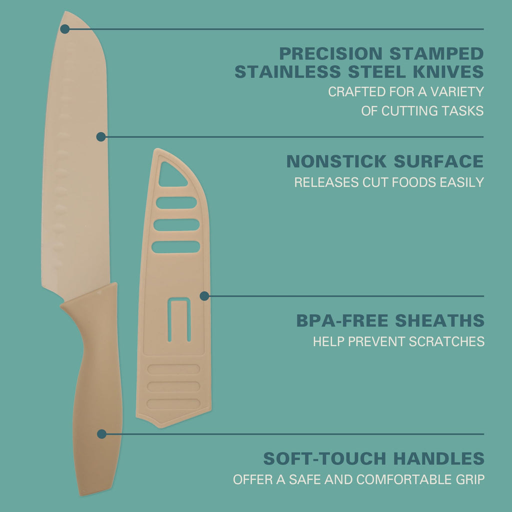 Gibson Home Bostonville 12-Piece Nonstick Stainless Steel Knife Set - Beige, 6 Knives with Matching Blade Guards