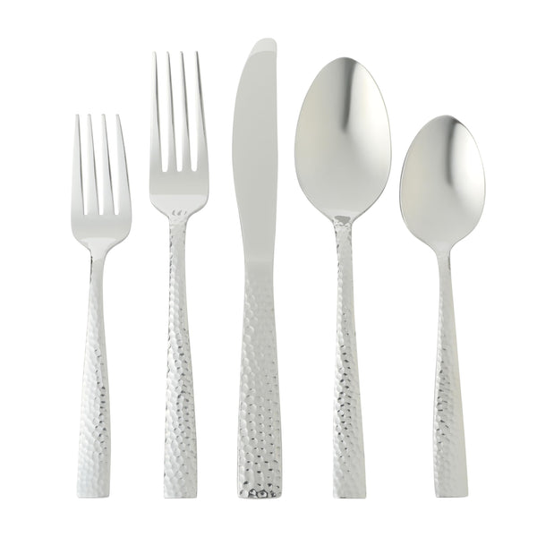Gibson Home Hammered Stainless Steel Flatware Set, 20-Piece Service for 4, Mirror Polished, Royal Brighton