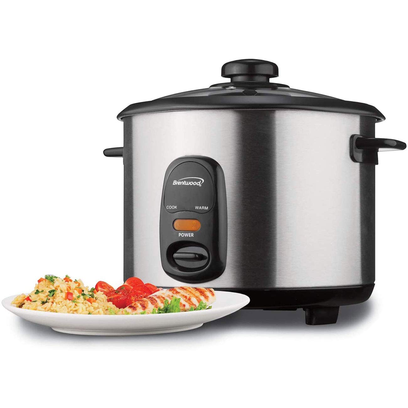 Brentwood TS-15 8-Cup Uncooked / 16-Cup Cooked Rice Cooker – 500W Stainless Steel One-Touch with Non-Stick Inner Pot, Tempered Glass Lid, Auto Keep-Warm
