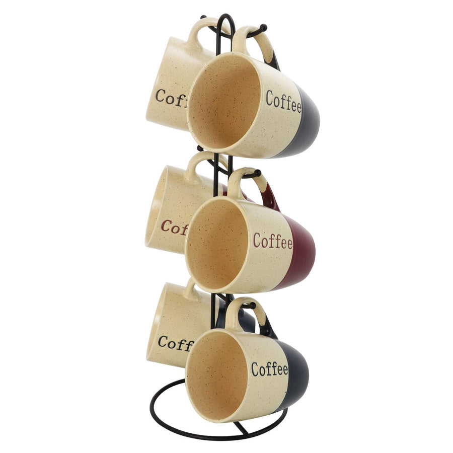 Elama Coffee House 6 Piece 12 oz Stoneware Mug Set with Stand, Assorted Colors