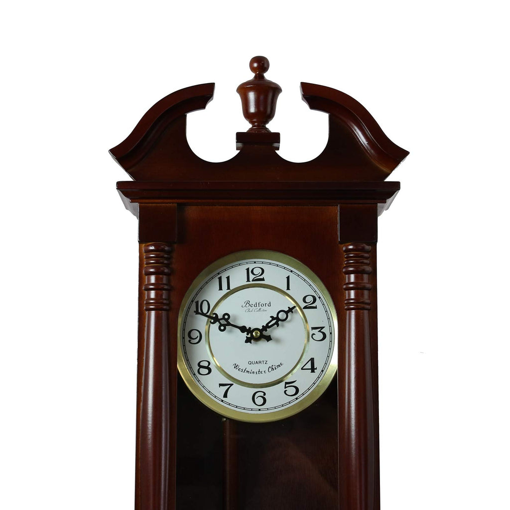 Bedford Clock Collection Classic 27.5" Cherry Oak Chiming Wall Clock with Swinging Pendulum – Quartz Westminster Chimes & Metal Dial