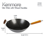 Kenmore Hammond 14-Inch Carbon Steel Wok – Black Flat-Bottom Stir-Fry Pan with Wood Handle for Gas, Electric & Induction Stovetops