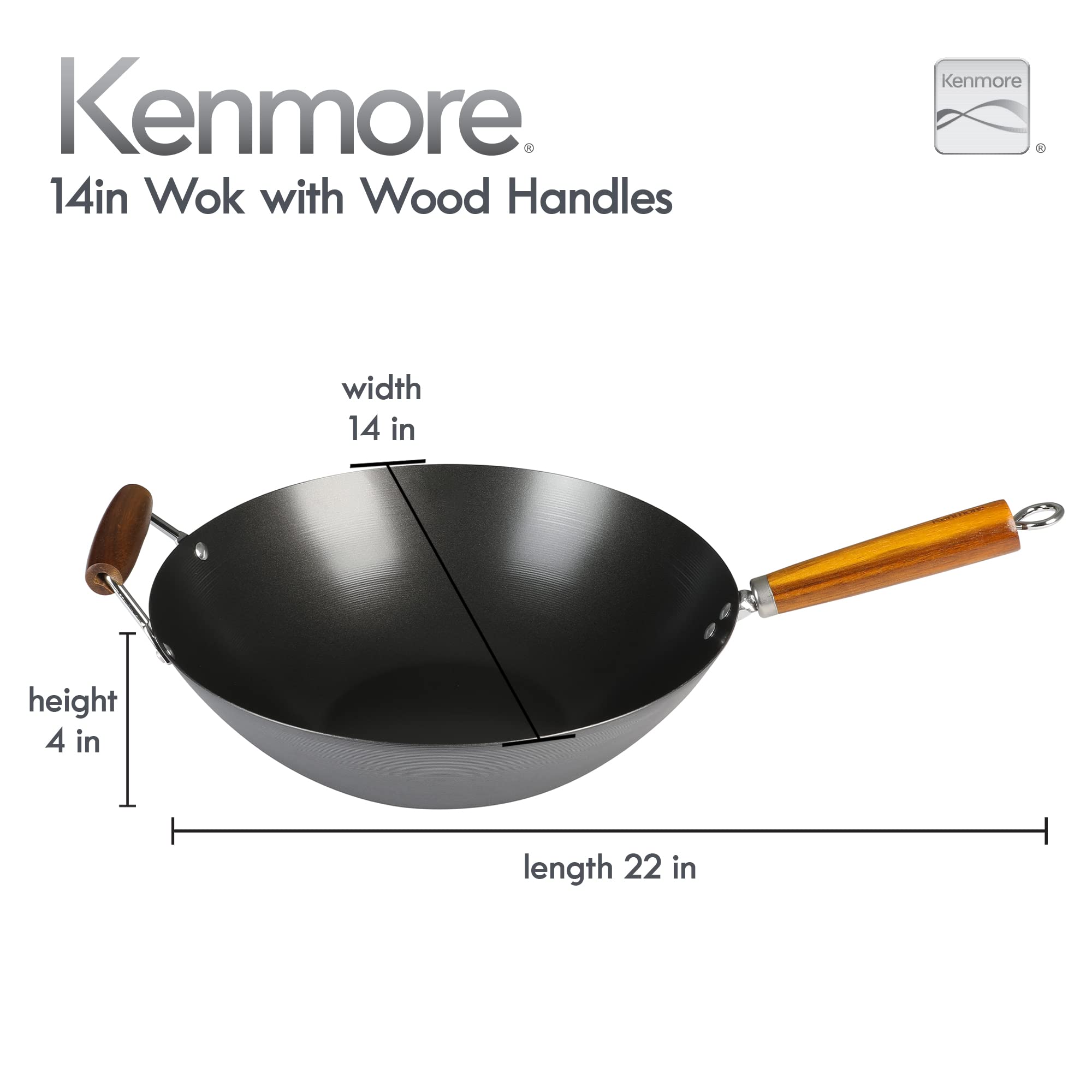 Kenmore Hammond 14-Inch Carbon Steel Wok – Black Flat-Bottom Stir-Fry Pan with Wood Handle for Gas, Electric & Induction Stovetops