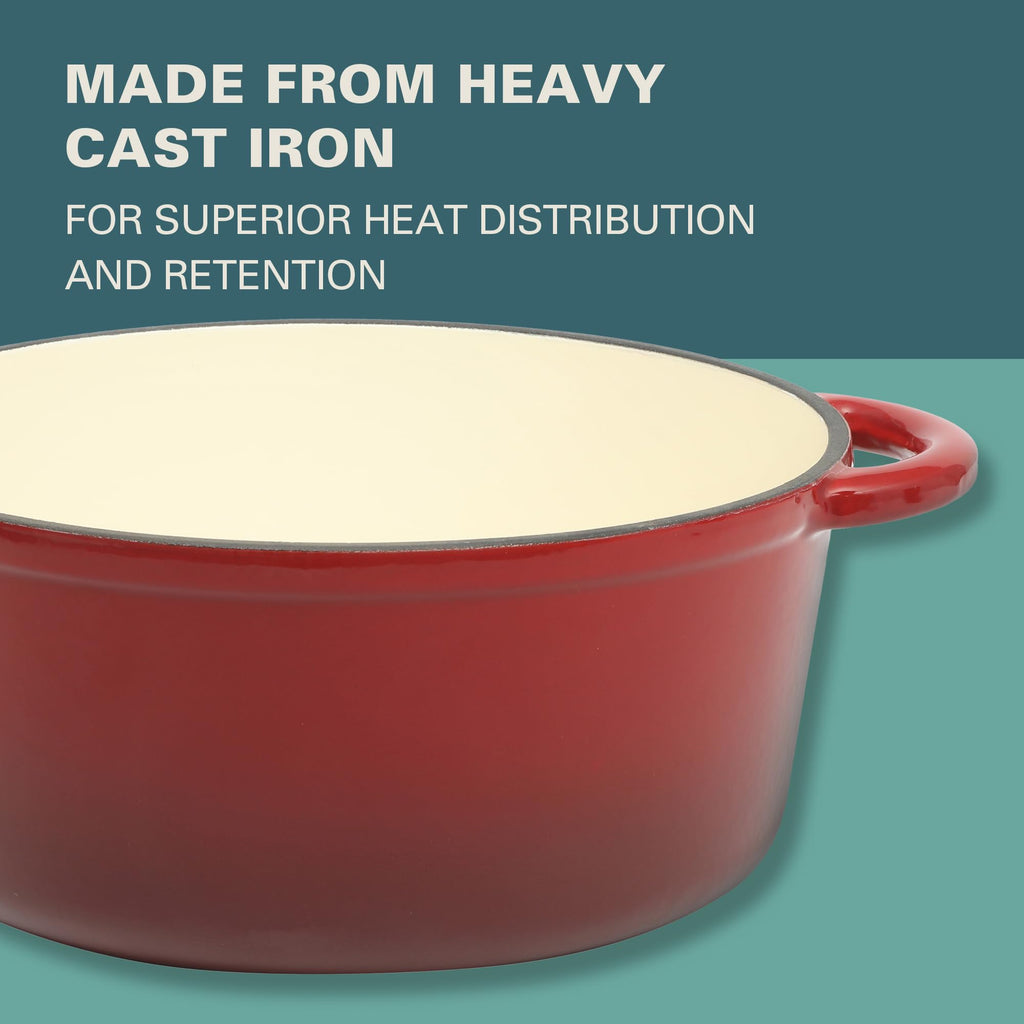 Gibson Home Addlestone 5-Quart Red Enameled Cast Iron Dutch Oven with Lid & Dual Handles – Oven Safe to 500°F, All-Stovetop Compatible, Self-Basting Lid