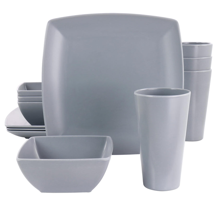 Gibson Home Grayson 12-Piece Square Melamine Dinnerware Set, Service for 4, Gray