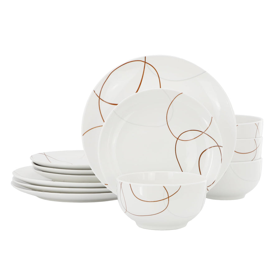 Elama Sydney 12-Piece Porcelain Dinnerware Set, White Abstract, Service for 4