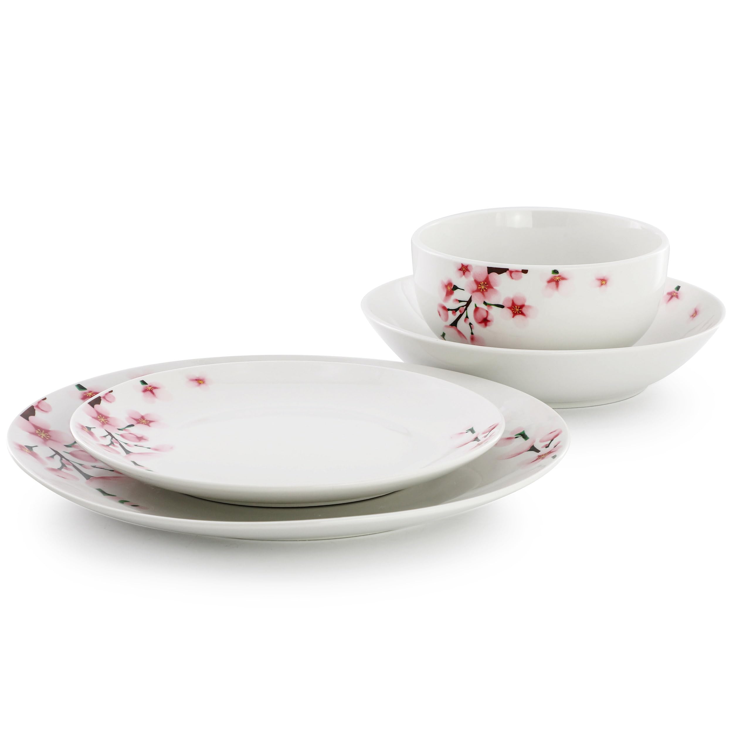 Elama Tamara 16-Piece Cherry Blossom Porcelain Dinnerware Set – White & Pink Service for 4