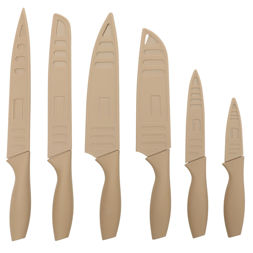 Gibson Home Bostonville 12-Piece Nonstick Stainless Steel Knife Set - Beige, 6 Knives with Matching Blade Guards