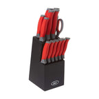 Oster Lindbergh 14-Piece Cutlery Set – Red Soft-Grip Handle Stainless Steel Knife Block Set with Sharpener & Shears