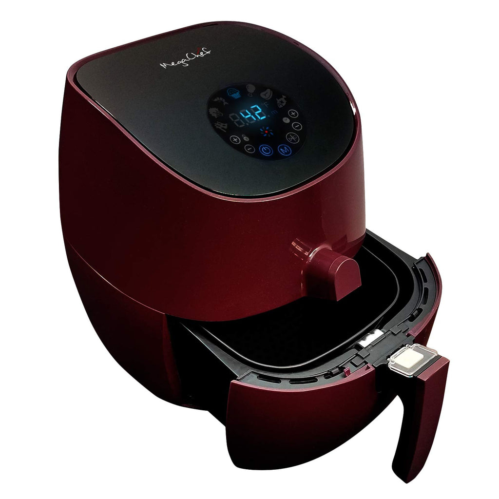MegaChef 3.5-Quart Air Fryer & Multi-Cooker – 7 Pre-Programmed Digital Settings, 1350W Hot-Air Circulation, Fry / Roast / Bake (Burgundy)