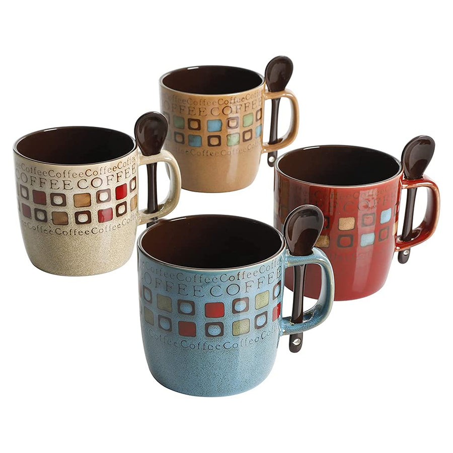 Mr. Coffee Cafe Americano 8-Piece 13 oz Ceramic Mug & Spoon Set, Assorted Colors (Service for 4)
