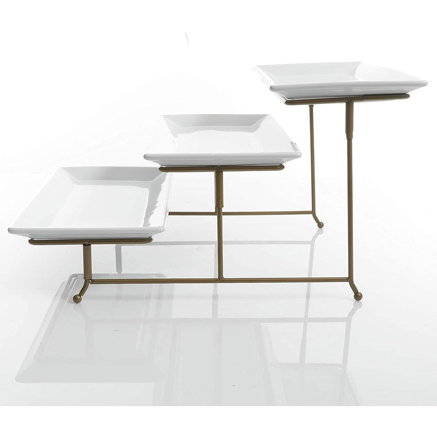Gibson Home Gracious Dining 3-Tier Rectangle Stoneware Plate Serving Set with Gold Metal Stand, White