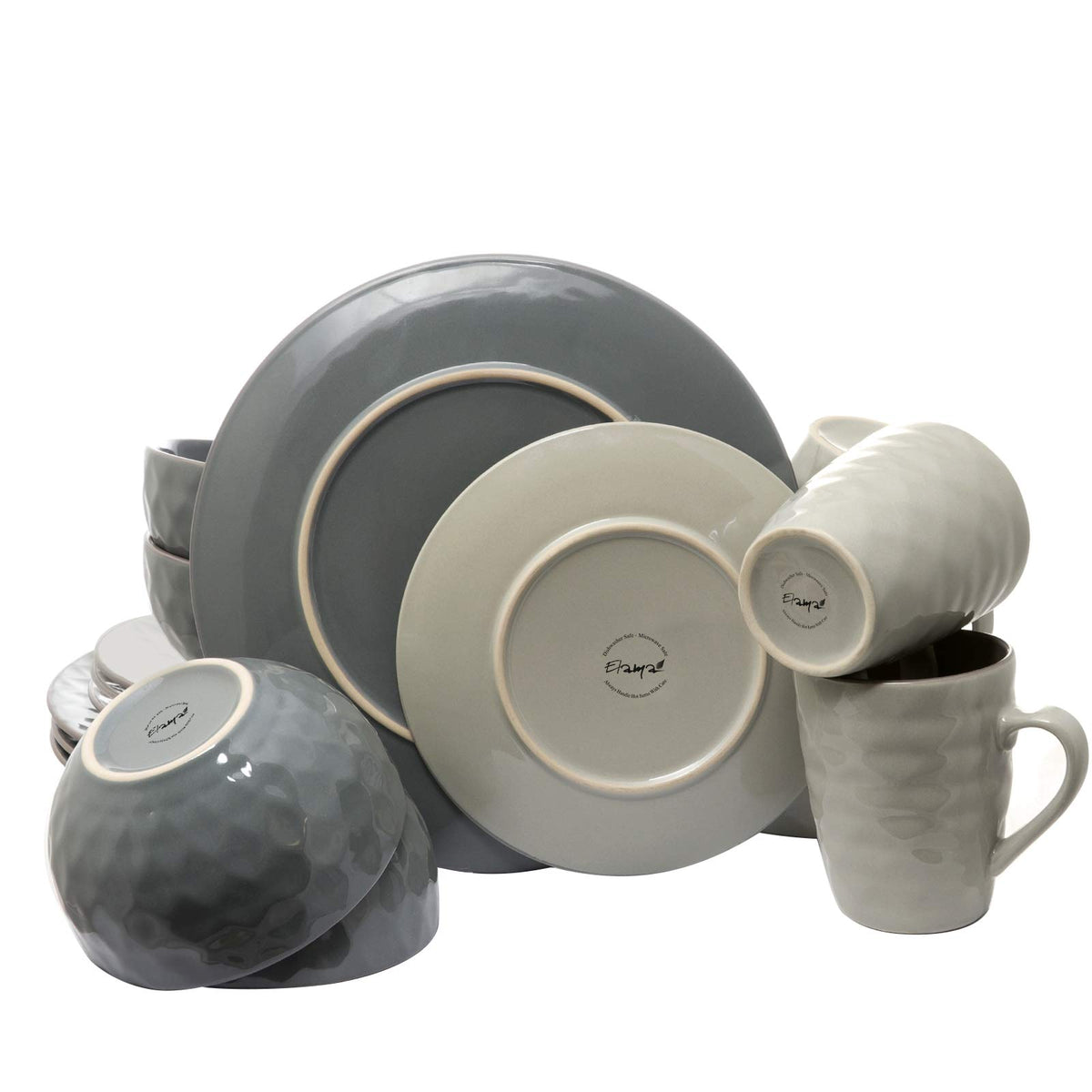 Elama Tahitian Pearl 16-Piece Stoneware Dinnerware Set in Slate and Stone Pearl, Service for 4