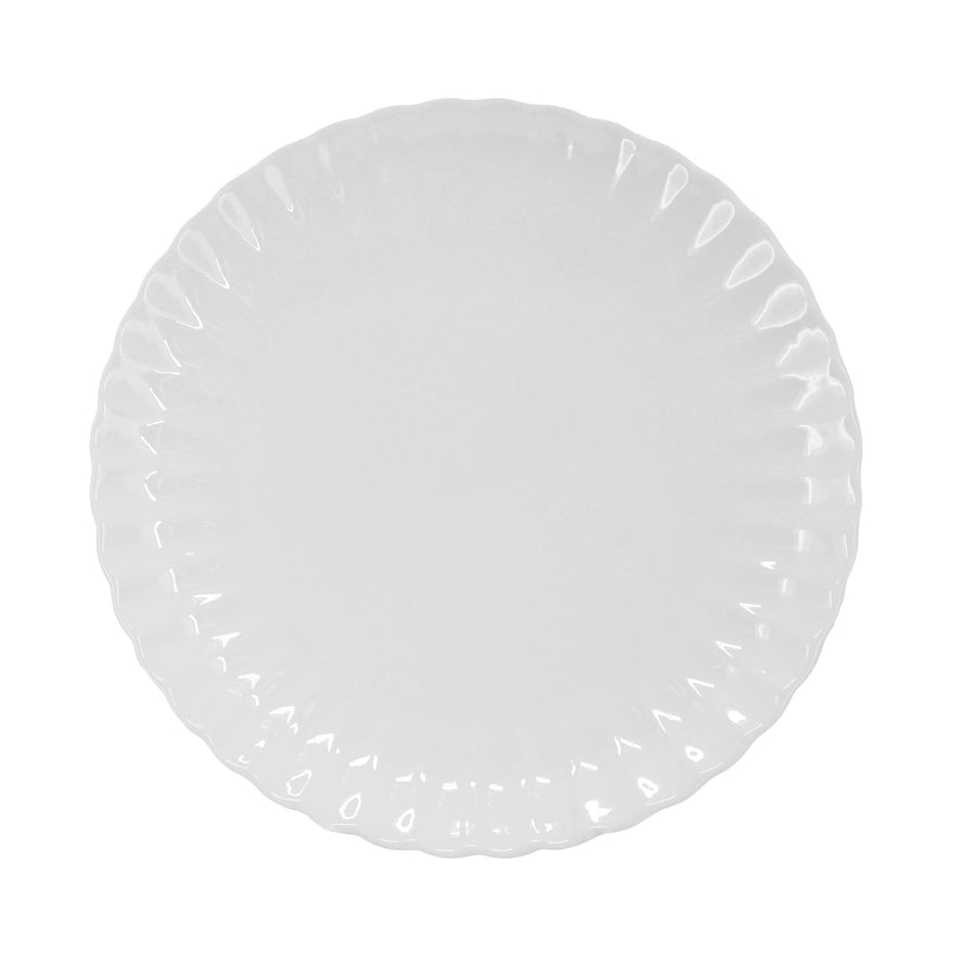 Elama Jane white porcelain salad plate, top view of the scalloped fluted rim and glossy glaze