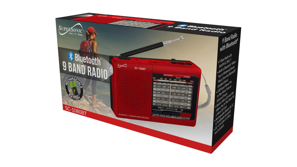 Supersonic 9-Band AM/FM/Shortwave Radio with Bluetooth, Red