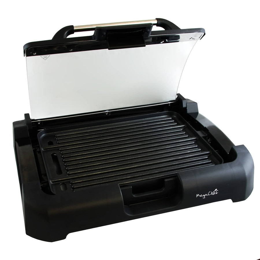 MegaChef reversible indoor grill and griddle with the glass lid raised, 15 x 11 inch nonstick grill plate in a black base