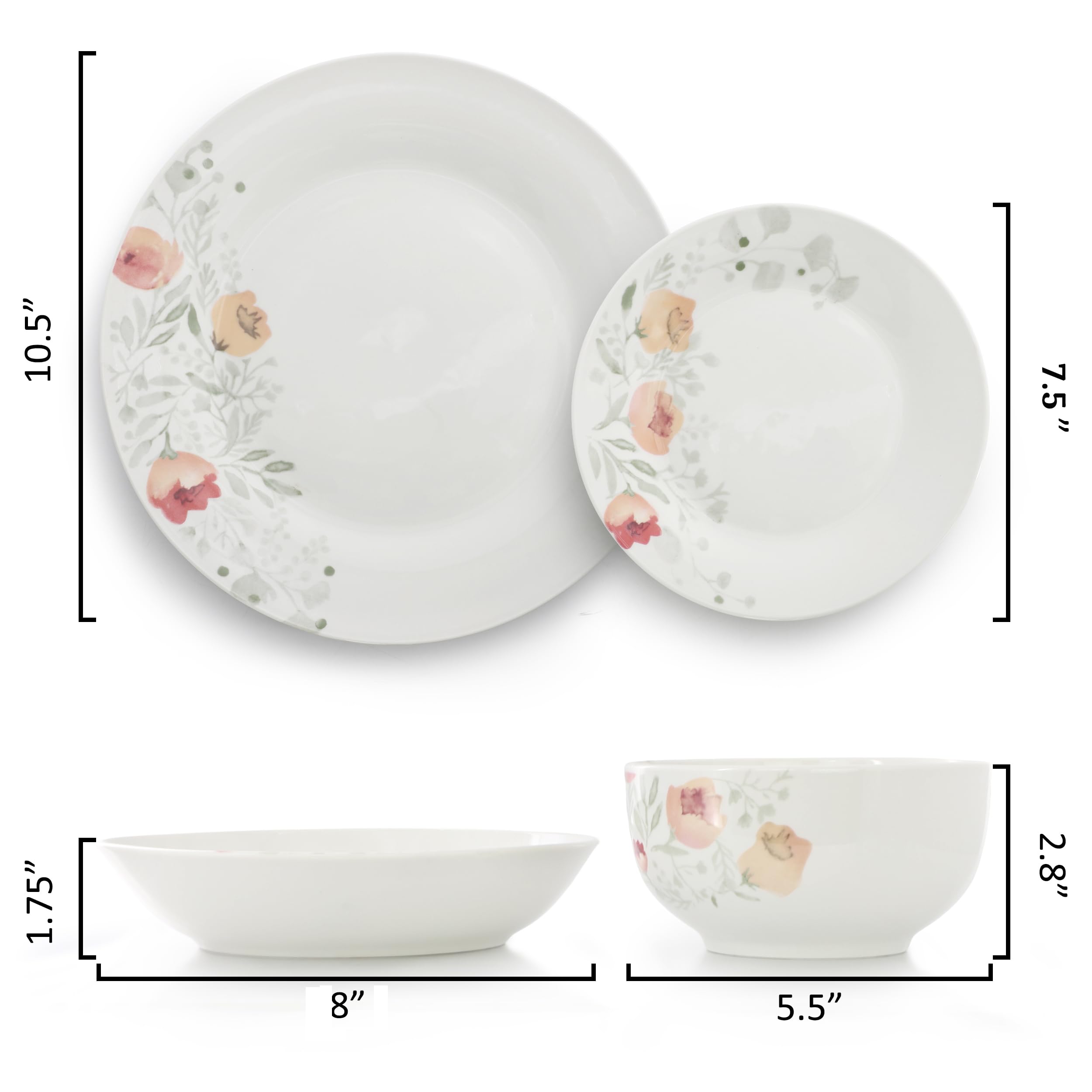 Elama Poppy 16 Piece Porcelain Double Bowl Dinnerware Set, Service for 4