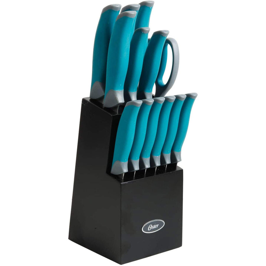 Oster Lindbergh 81007.14 14-Piece Stainless Steel Cutlery Set with Black Rubberwood Block and Built-In Sharpener, Teal Handles, 6 Steak Knives