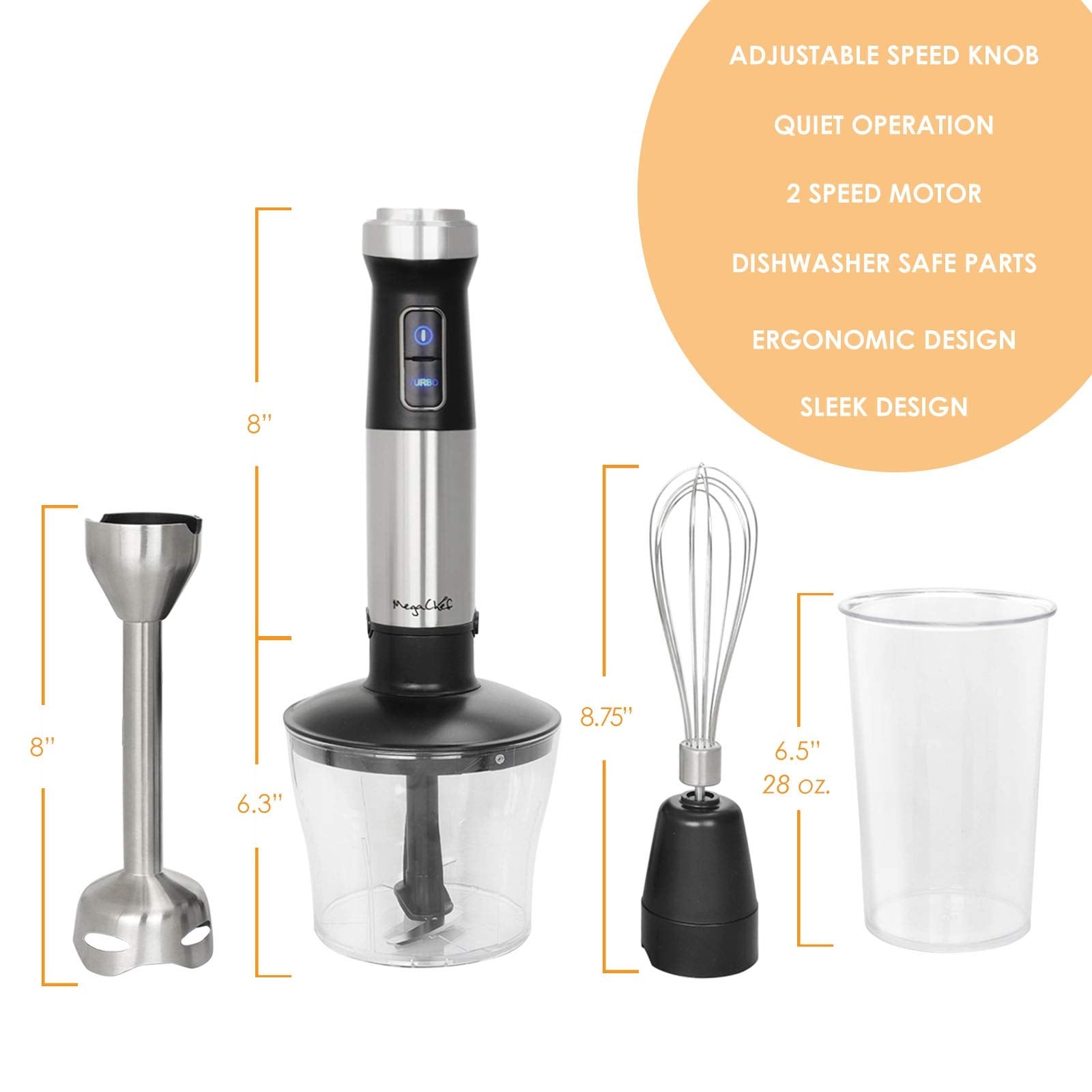 MegaChef MC-158C 4-in-1 Immersion Hand Blender with Speed Control, Silver