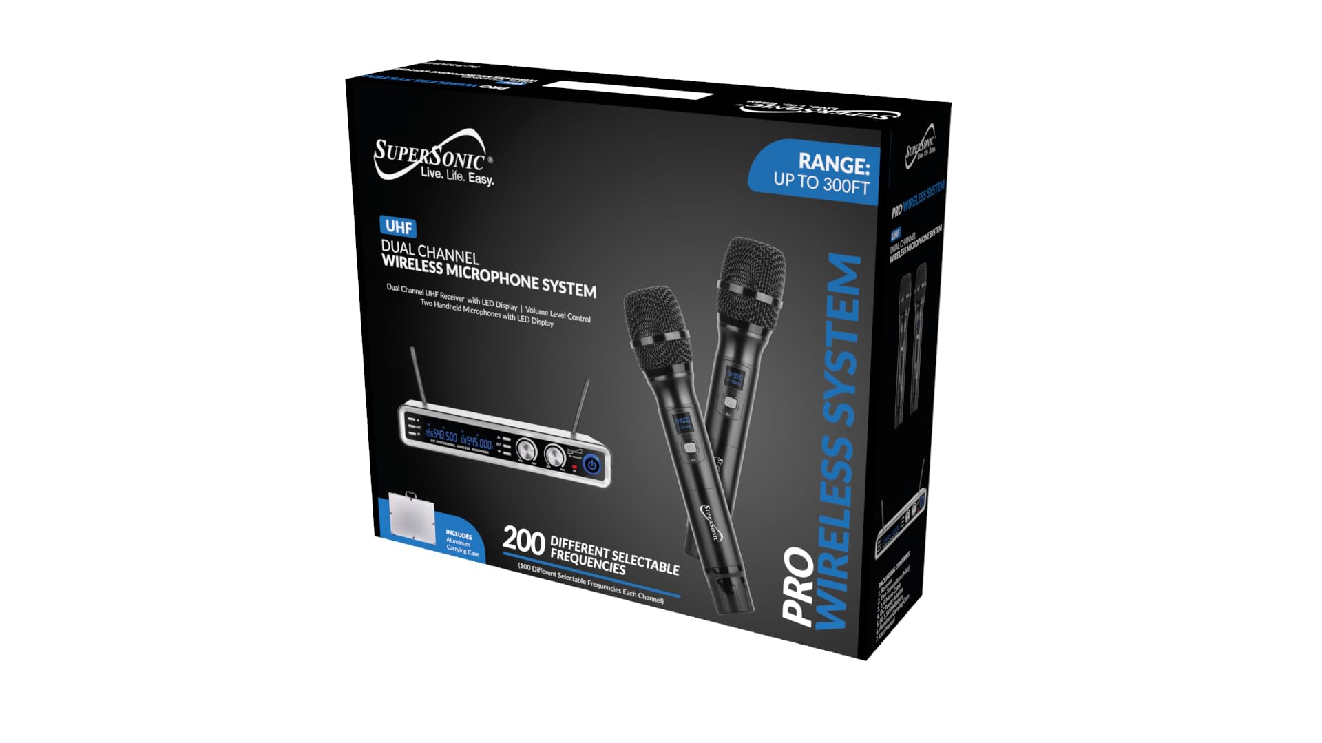 SuperSonic SC-930UHF Dual Selectable Channel UHF Wireless Microphone System - 300ft Range, 2 Handheld Mics, XLR Outputs, Hard Case