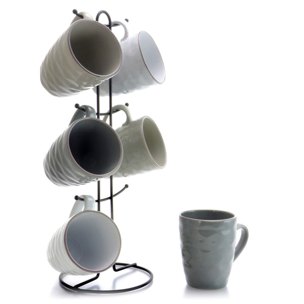 Elama Tahitian Waves 6-Piece 12oz Stoneware Mug Set with Stand