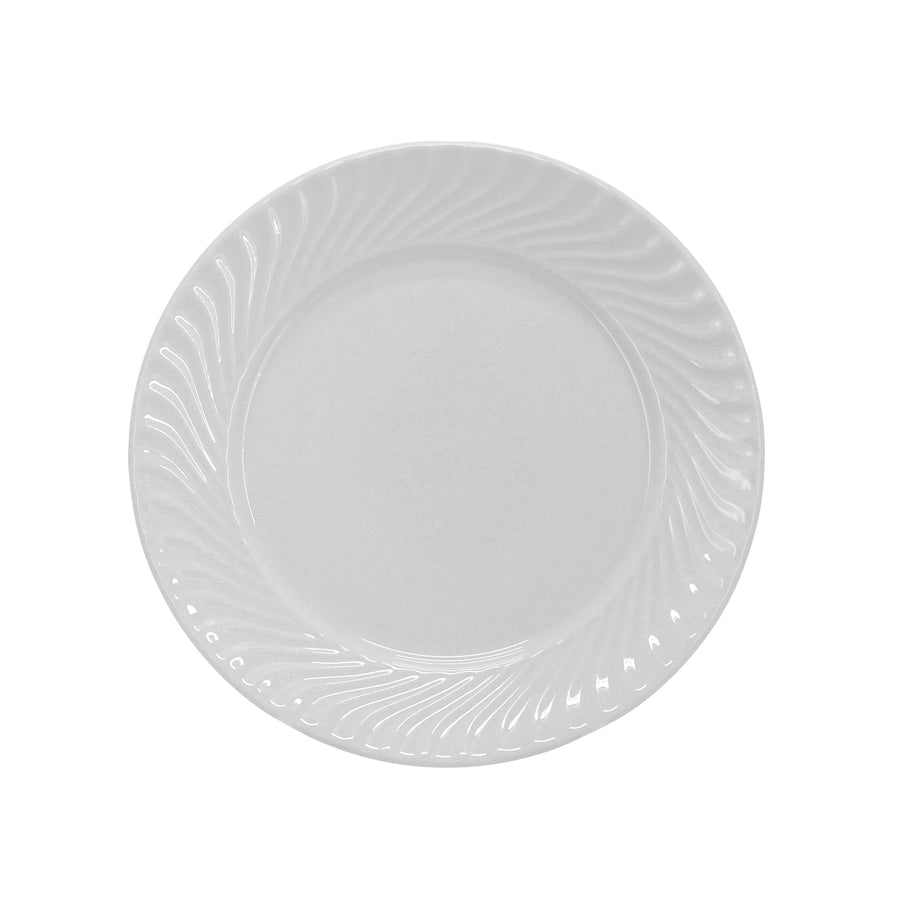 Elama Julia 7.6 inch white porcelain salad plate, top view of the glossy wave pattern rim