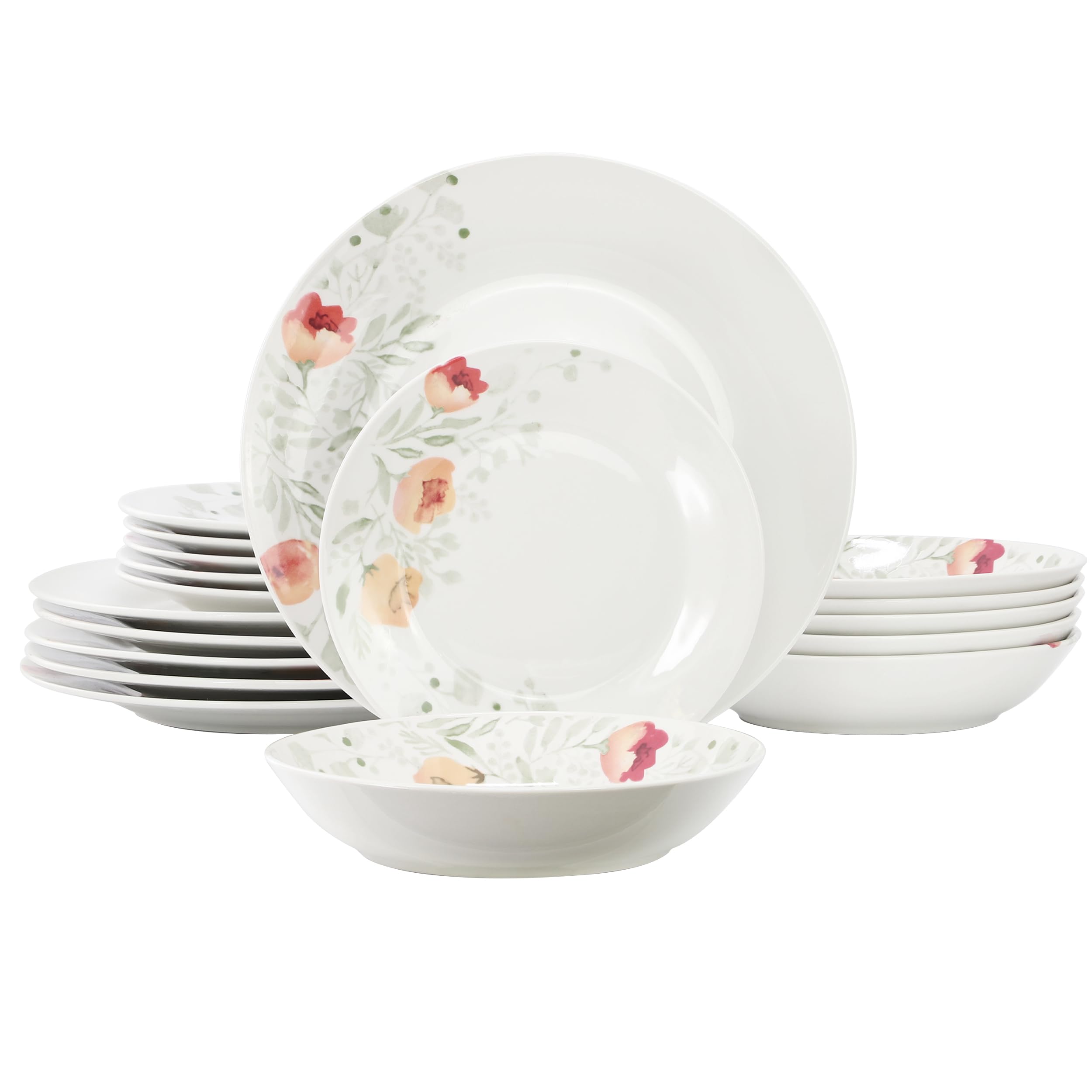 Elama Poppy 18-Piece Porcelain Dinnerware Set – Cherry Blossom Floral Service for 6