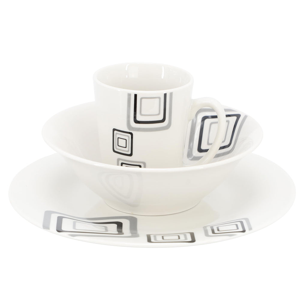Gibson Home Black Squares 12-Piece Round Fine Ceramic Dinnerware Set – White with Modern Black Geometric Accents (Service for 4)