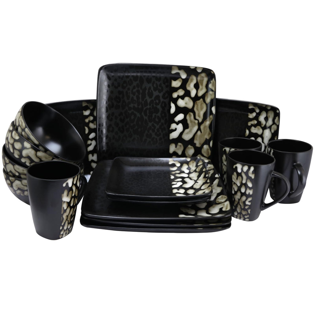 Elama Savannah 16-Piece Stoneware Dinnerware Set – Animal Print Service for 4
