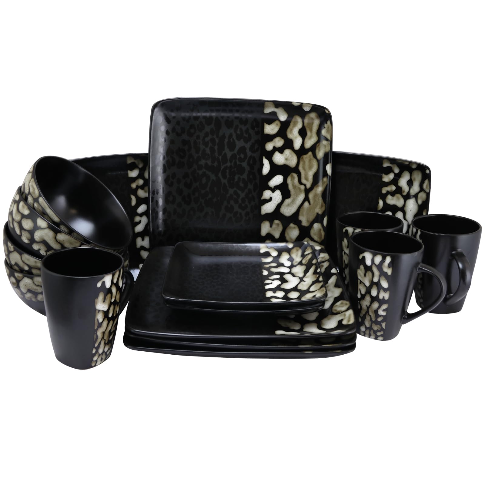 Elama Savannah 16-Piece Stoneware Dinnerware Set – Animal Print Service for 4