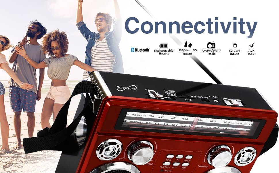 SuperSonic SC-1097BT 3-Band AM/FM/SW Bluetooth Radio with Flashlight - Red