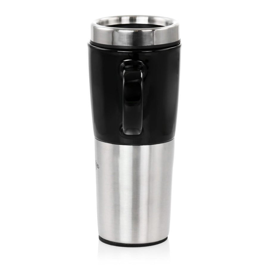 Mr. Coffee Stoneware Travel Mug with Stainless Steel Base and Slide Sip Lid, 16 Oz, Black, Travertine
