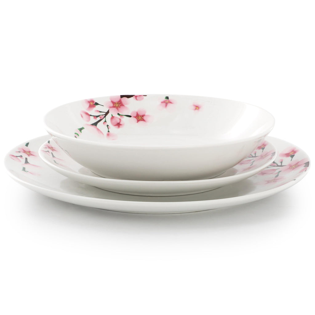 Elama Tamara 18-Piece Cherry Blossom Porcelain Dinnerware Set – White & Pink Service for 6