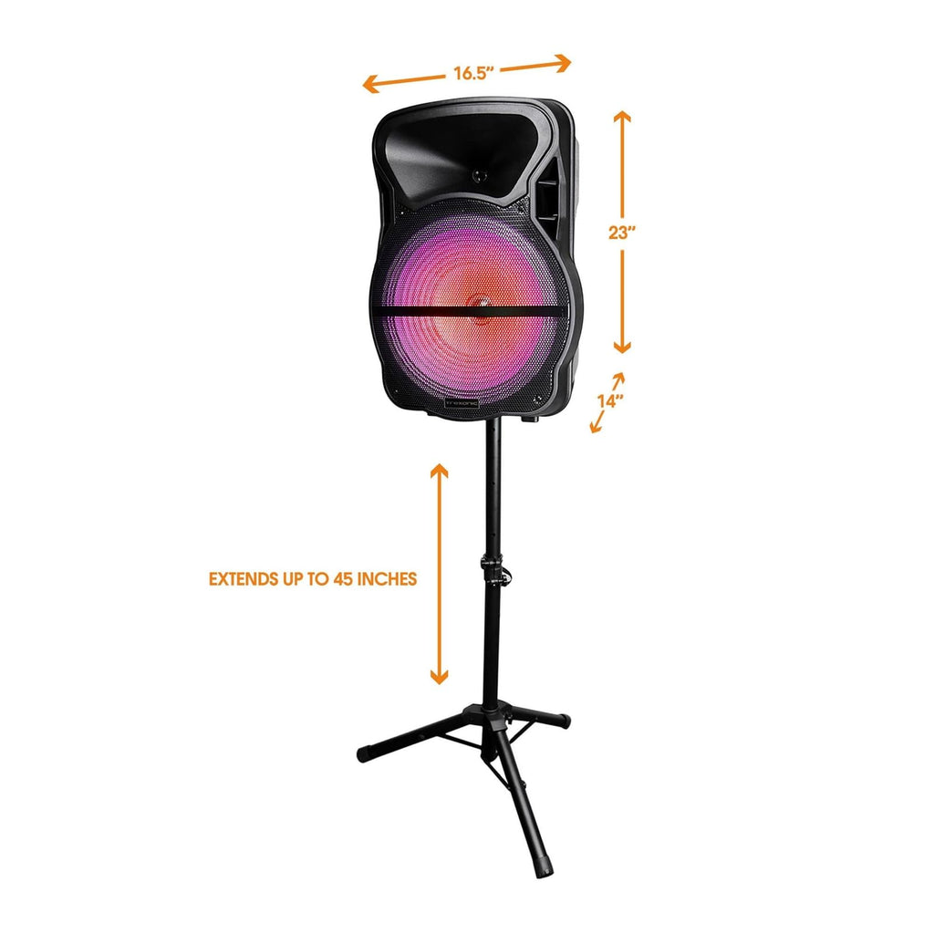 Trexonic TRX-15D 15" Bluetooth Party Speaker with Tripod Stand – Reactive LED Lights, Wireless Mic, FM Radio