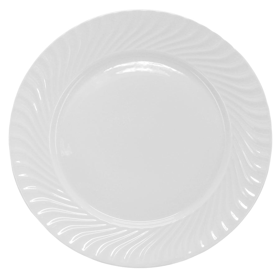 Elama Julia 10.5 inch white porcelain dinner plate, top view of the embossed wave pattern rim