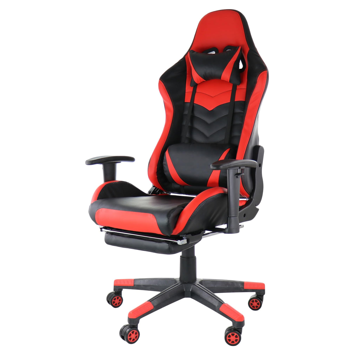 GameFitz black and red gaming chair, front three-quarter view showing padded arms, stored footrest and red-accent caster base