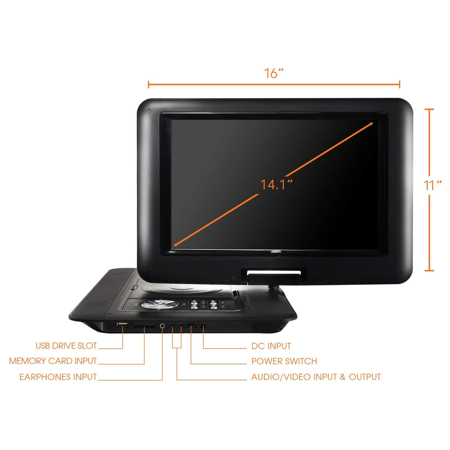 Trexonic 14.1 inch Portable DVD Player with Swivel TFT-LCD Screen, USB/SD/AV Inputs and Car Adapter