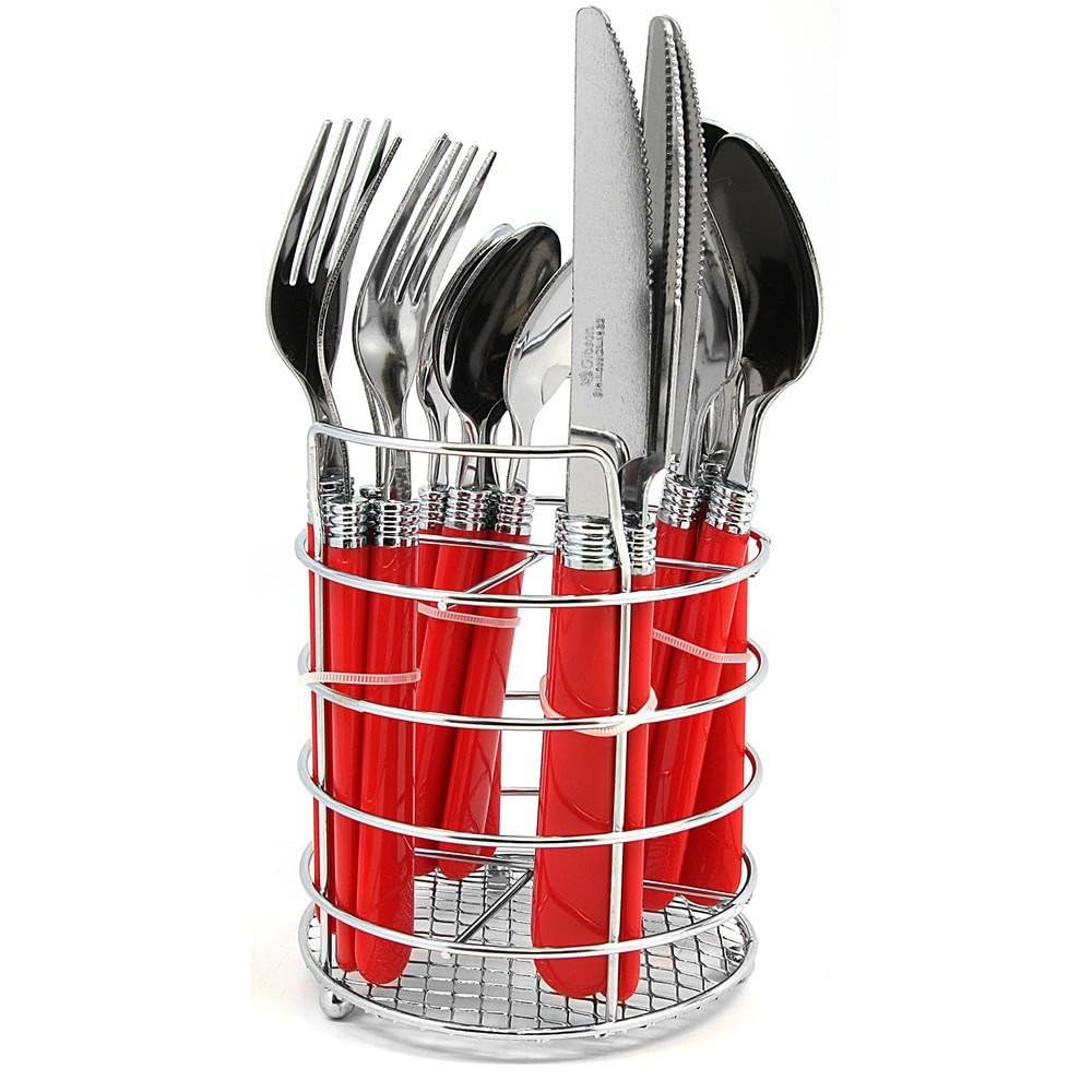 Gibson Home 16-Piece Stainless Steel Flatware Set with Wire Caddy, Service for 4, Red Handles, Sensations II