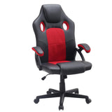 Elama vented high back office chair in black and red faux leather and mesh with red-trimmed padded arms, front three-quarter view