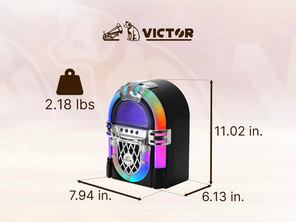 VICTOR VDTJ-1000 Mini Bluetooth Jukebox – Multicolor LED Lighting, Rechargeable Battery, USB/SD/Aux Wireless Stereo Speaker